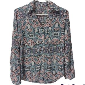 Express The Portofino button down collared shirt blouse - paisley pattern